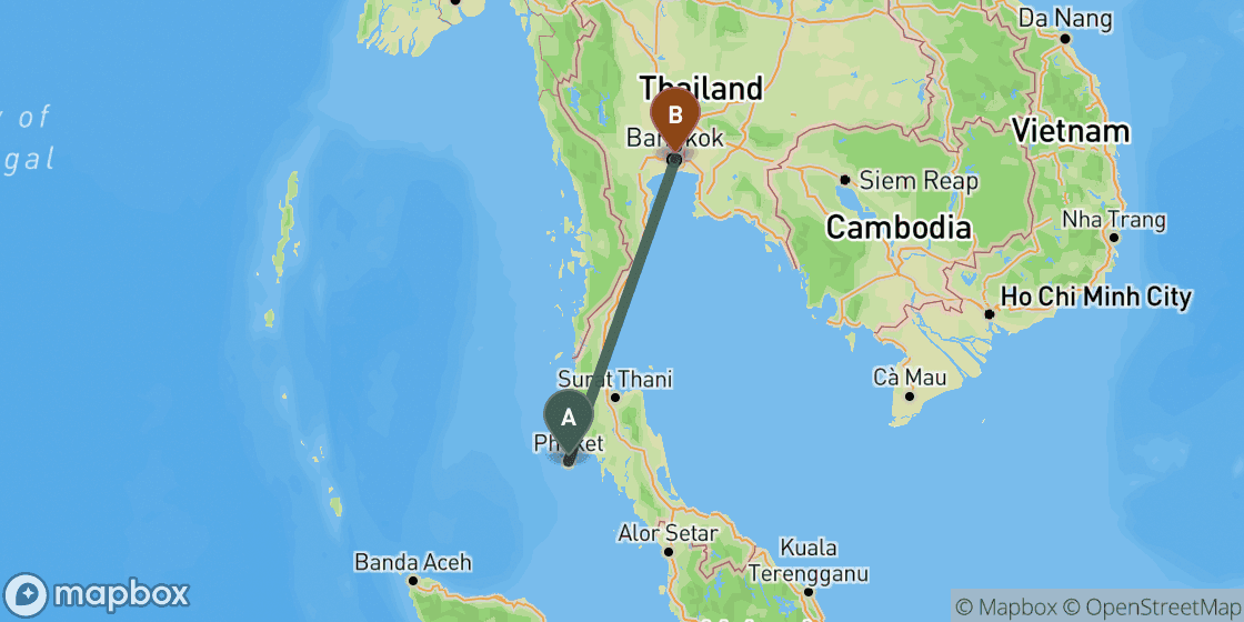 Kaart met de route van Phuket naar Bangkok - 693 km