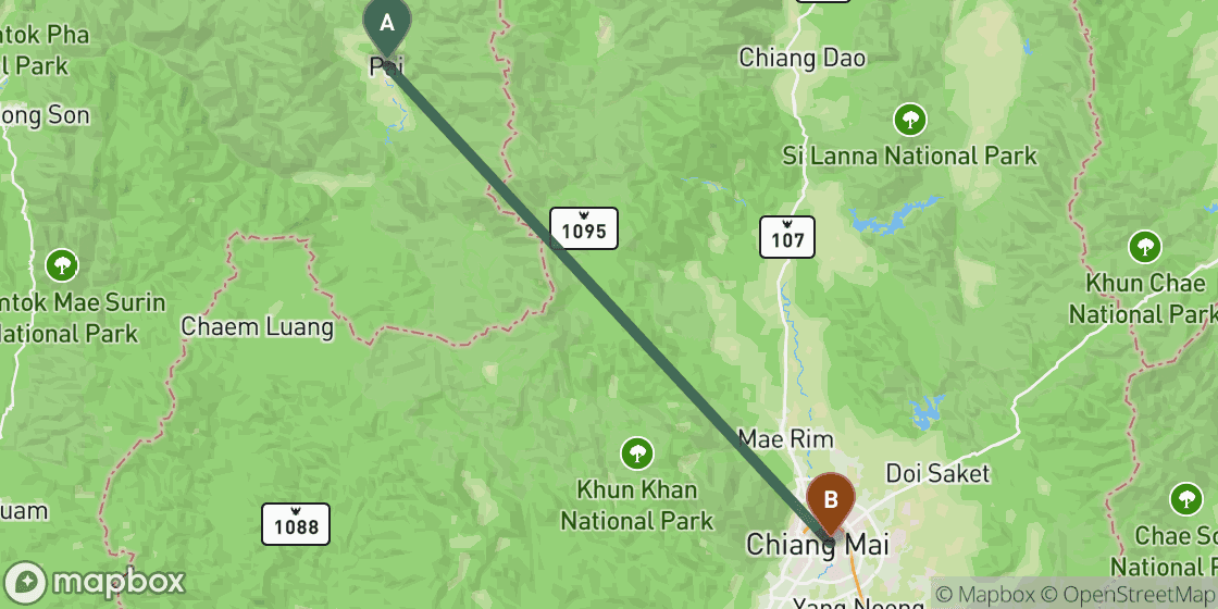 Kaart met de route van Pai naar Chiang Mai - 81 km