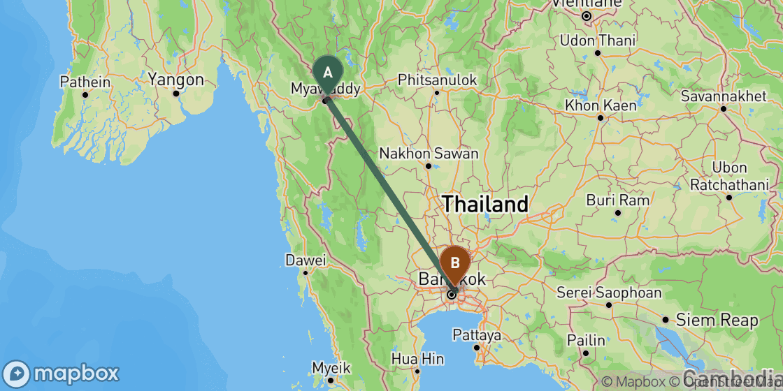 Kaart met de route van Mae Sot naar Bangkok - 390 km