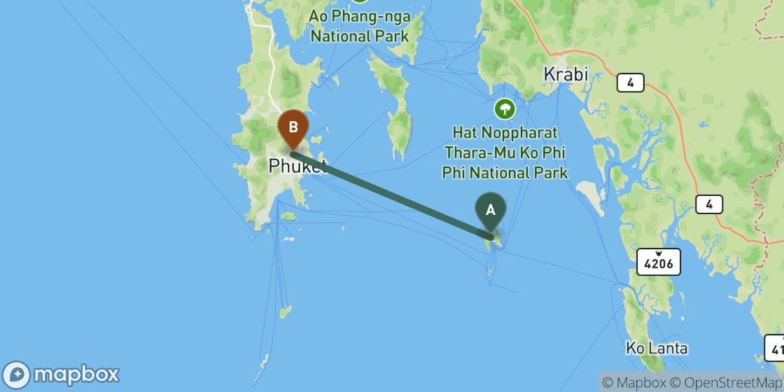 Kaart met de route van Koh Phi Phi naar Phuket - 47 km
