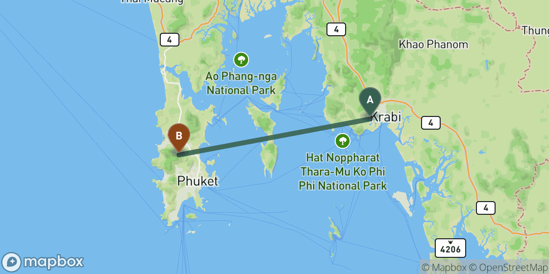 Map showing route from Krabi to Phuket - 61 km