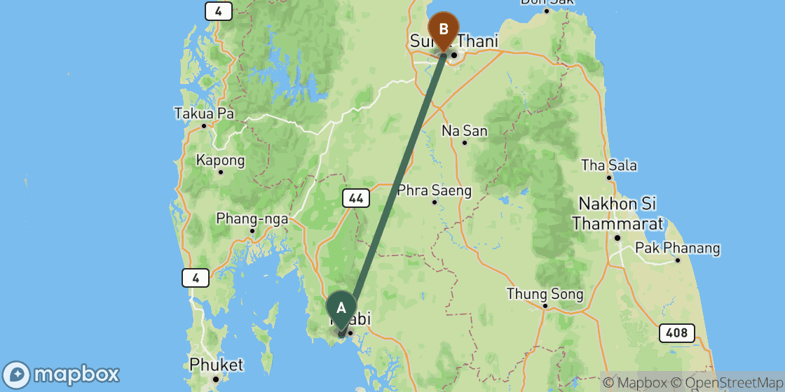 Map showing route from Krabi to Surat Thani - 128 km