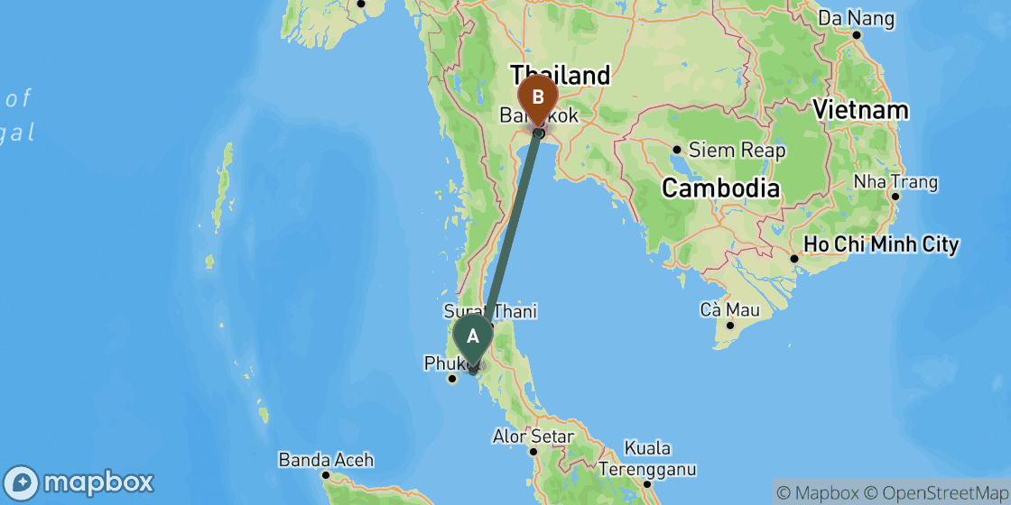Map showing route from Krabi to Bangkok - 657 km
