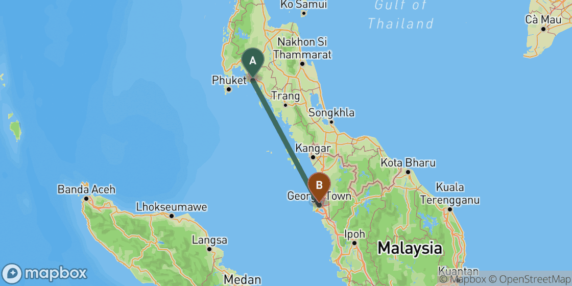 Map showing route from Krabi to Penang - 336 km