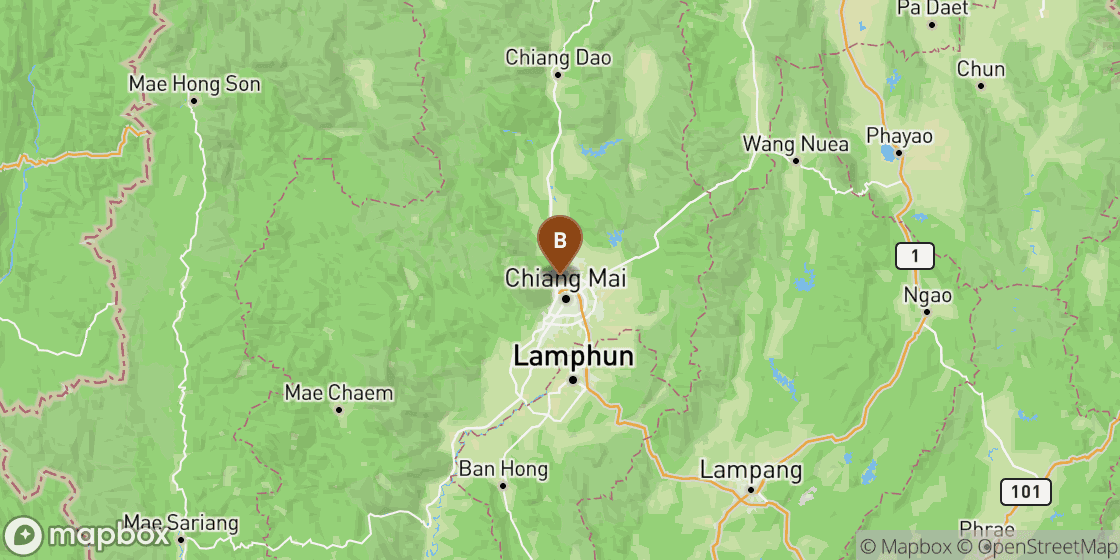 Map showing route from Chiang Mai Airport to Chiang Mai City Centre - 5 km