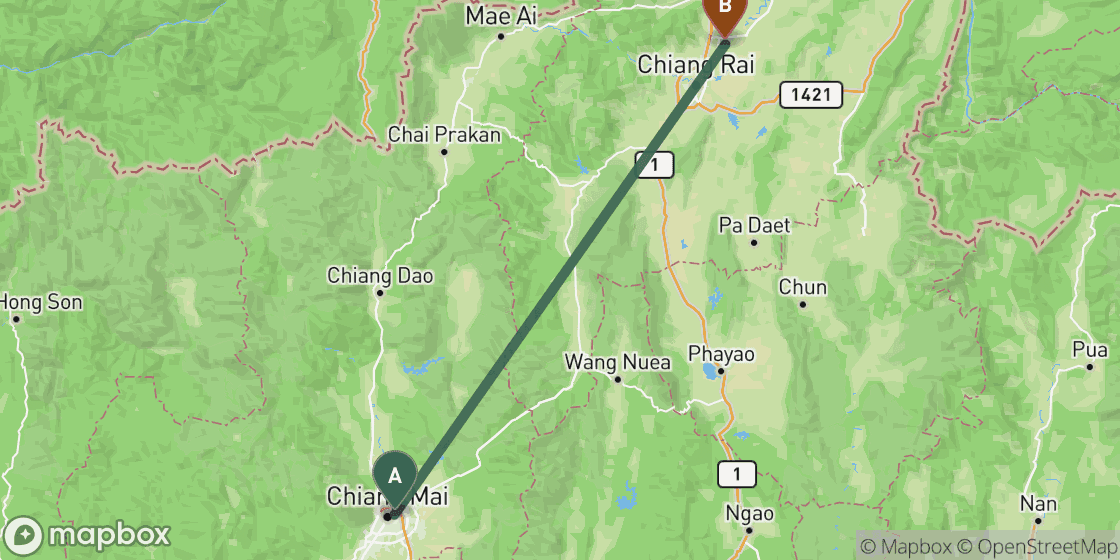 Karte mit der Route von Chiang Mai nach Chiang Rai - 148 km