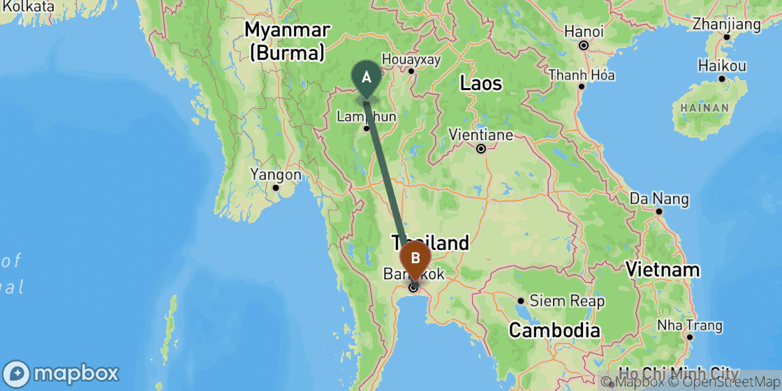 Kaart met de route van Chiang Mai naar Bangkok - 589 km