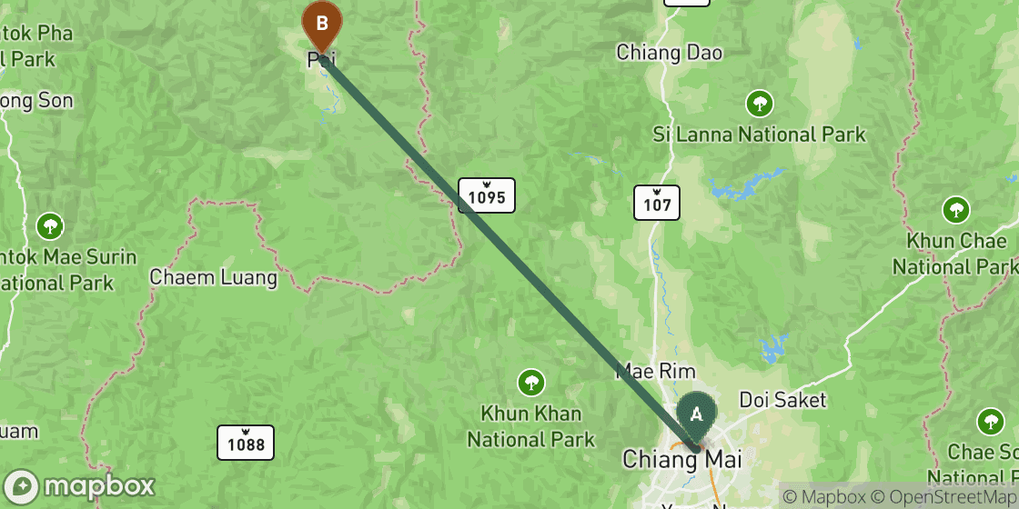 Kaart met de route van Chiang Mai naar Pai - 81 km