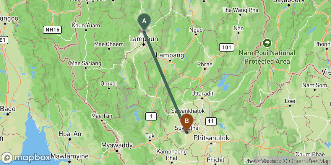 Kaart met de route van Chiang Mai naar Sukhothai - 223 km
