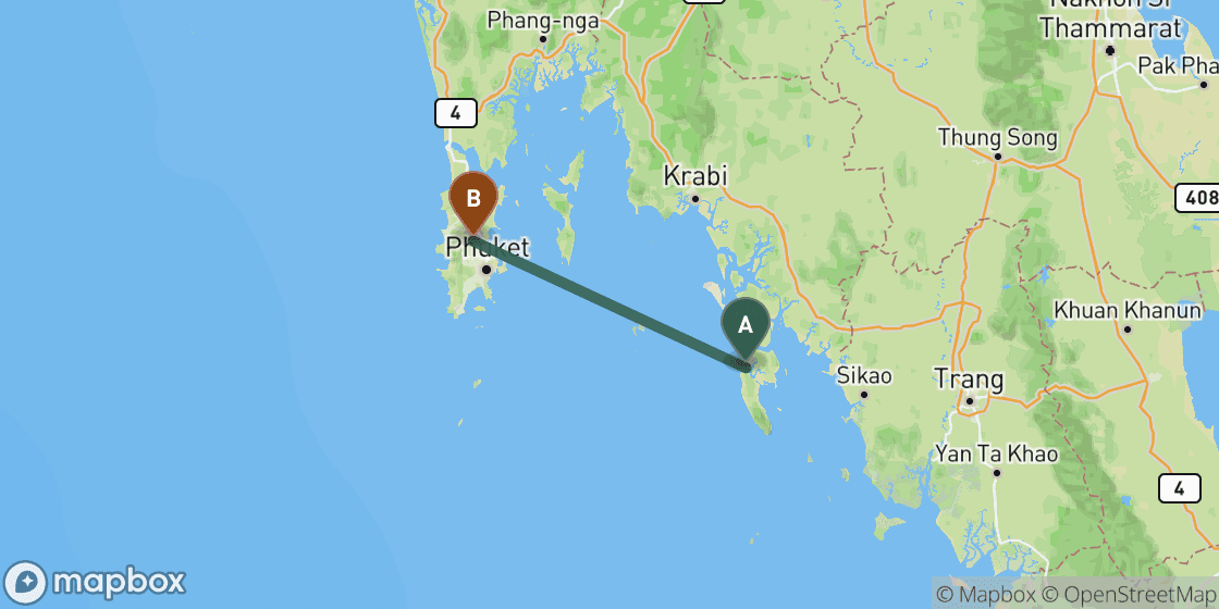 Map showing route from Koh Lanta to Phuket - 80 km