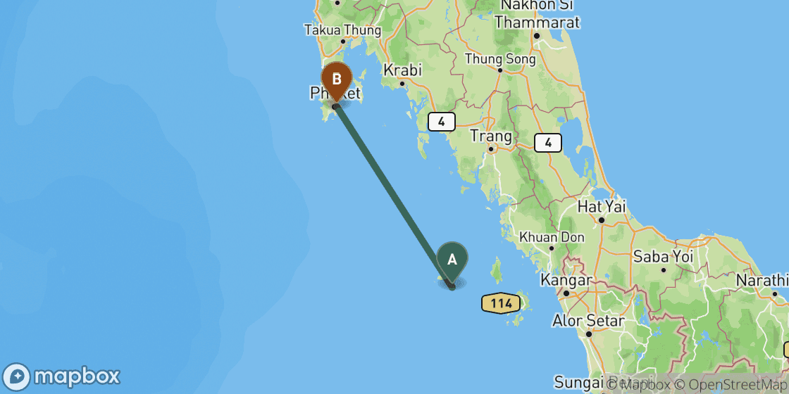 Kaart met de route van Koh Lipe naar Phuket - 184 km