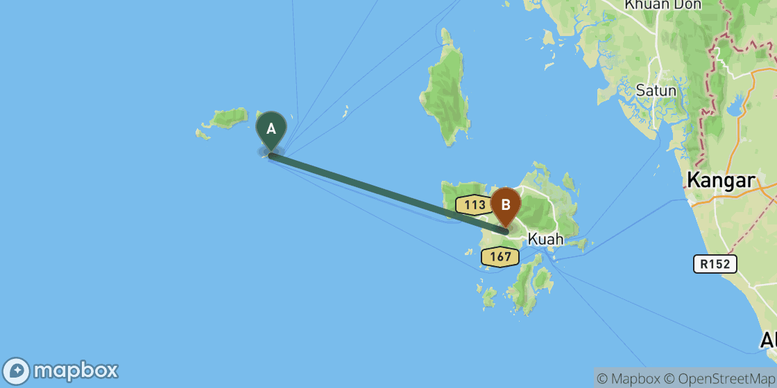Map showing route from Koh Lipe to Langkawi - 57 km