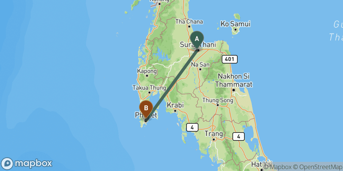Kaart met de route van Surat Thani naar Phuket - 173 km