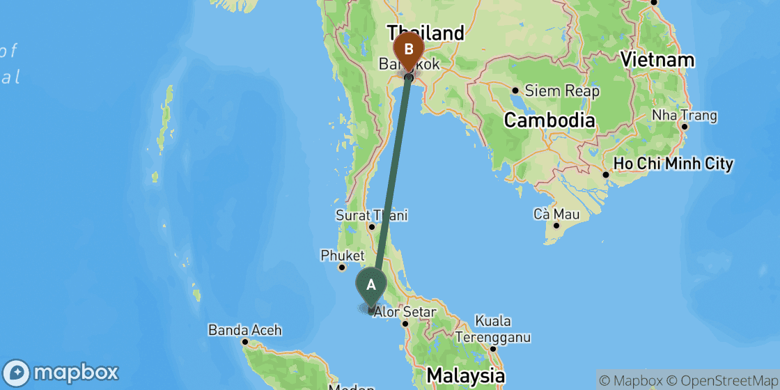 Kaart met de route van Koh Lipe naar Bangkok - 818 km