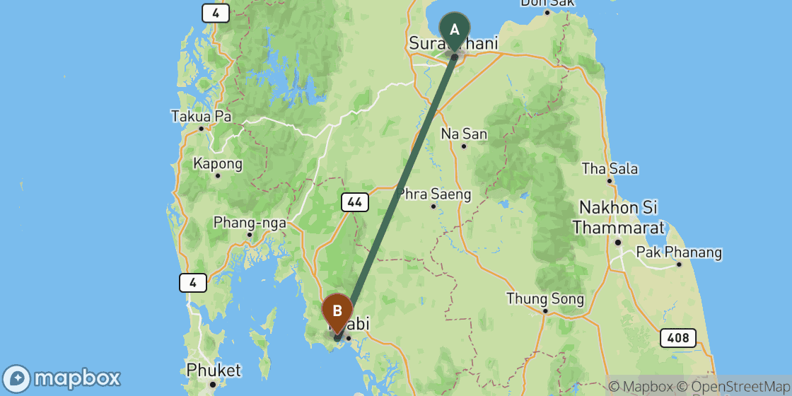 Map showing route from Surat Thani to Krabi - 128 km