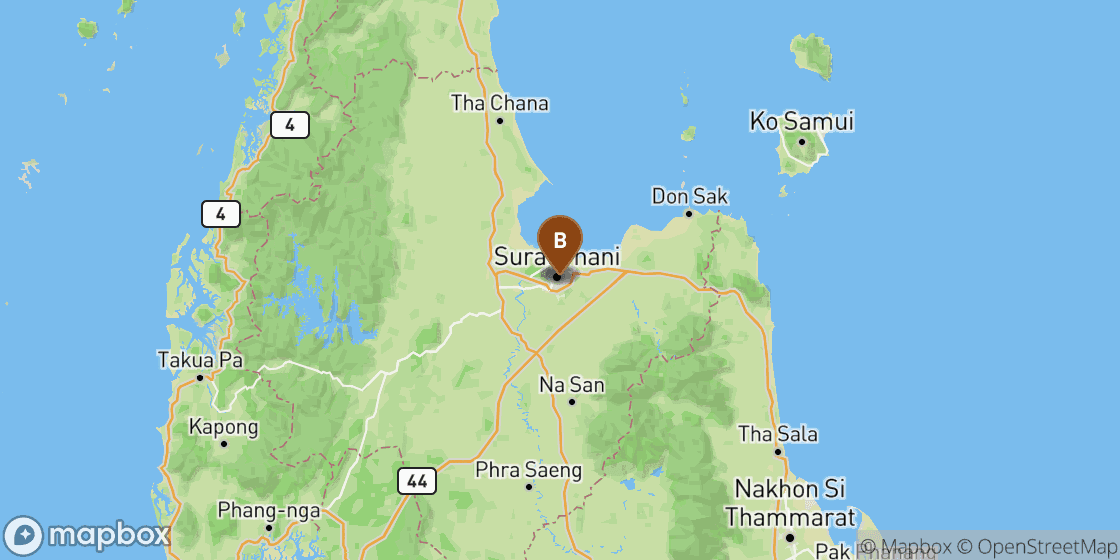 Kaart met de route van Surat Thani Railway Station naar Surat Thani City Centre - 15 km
