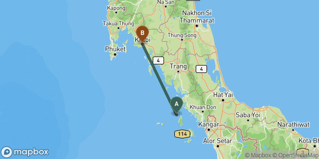 Map showing route from Penang to Krabi - 336 km