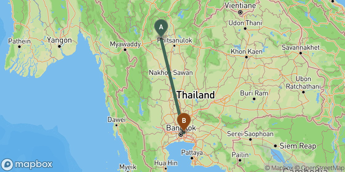 Kaart met de route van Sukhothai naar Bangkok - 370 km