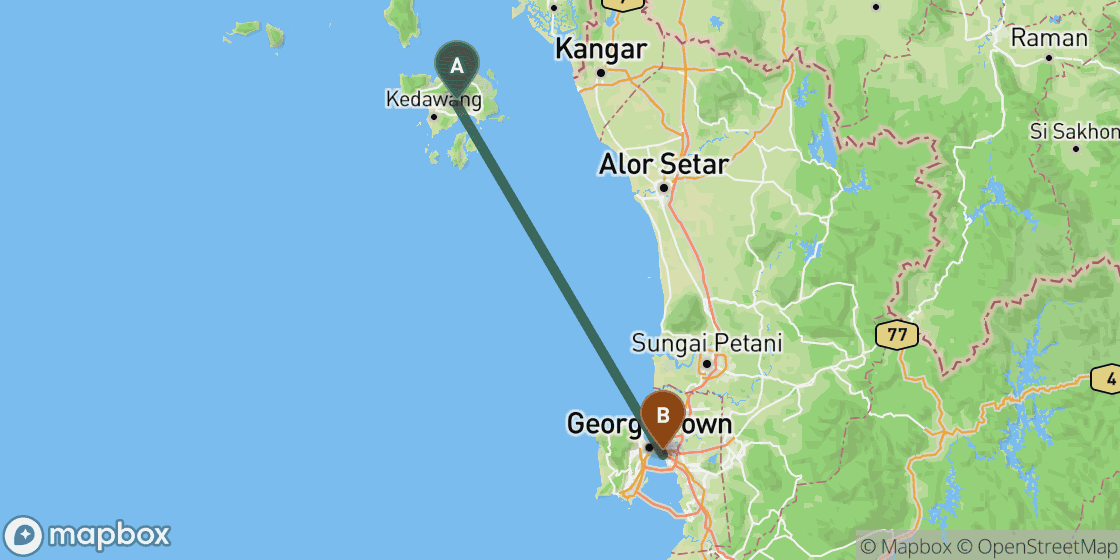 Map showing route from Langkawi to Penang - 122 km