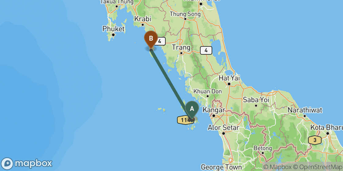 Map showing route from Langkawi to Koh Lanta - 162 km