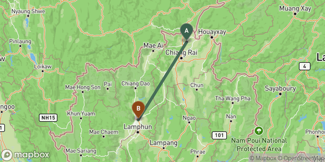 Mapa que muestra la ruta de Chiang Rai a Chiang Mai - 148 km