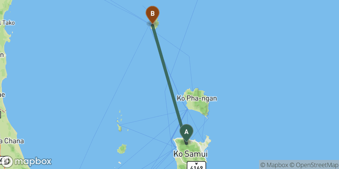 Mapa que muestra la ruta de Koh Samui a Koh Tao - 68 km