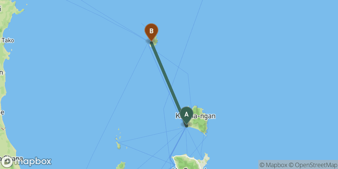 Map showing route from Koh Phangan to Koh Tao - 44 km