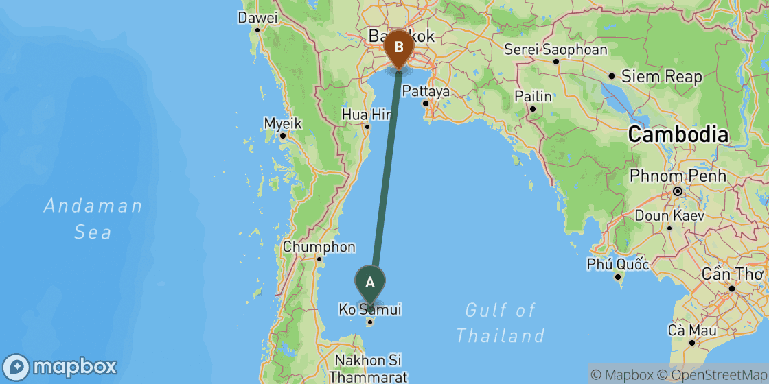 Kaart met de route van Koh Phangan naar Bangkok - 449 km