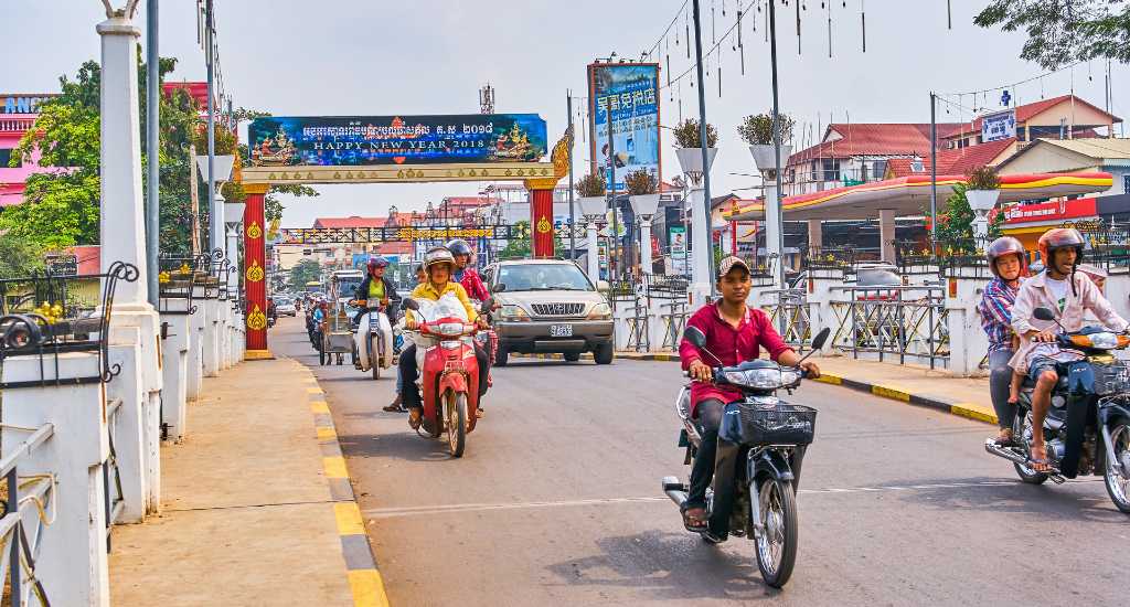 Motorcycles on a busy Siem Reap road 