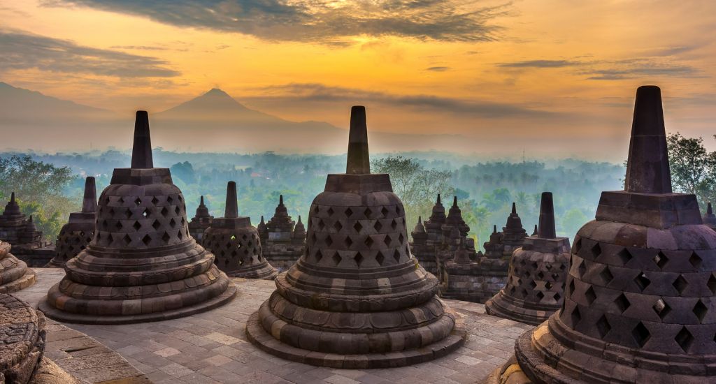 Borobudur temple at sunrise near Yogyakarta, Indonesia